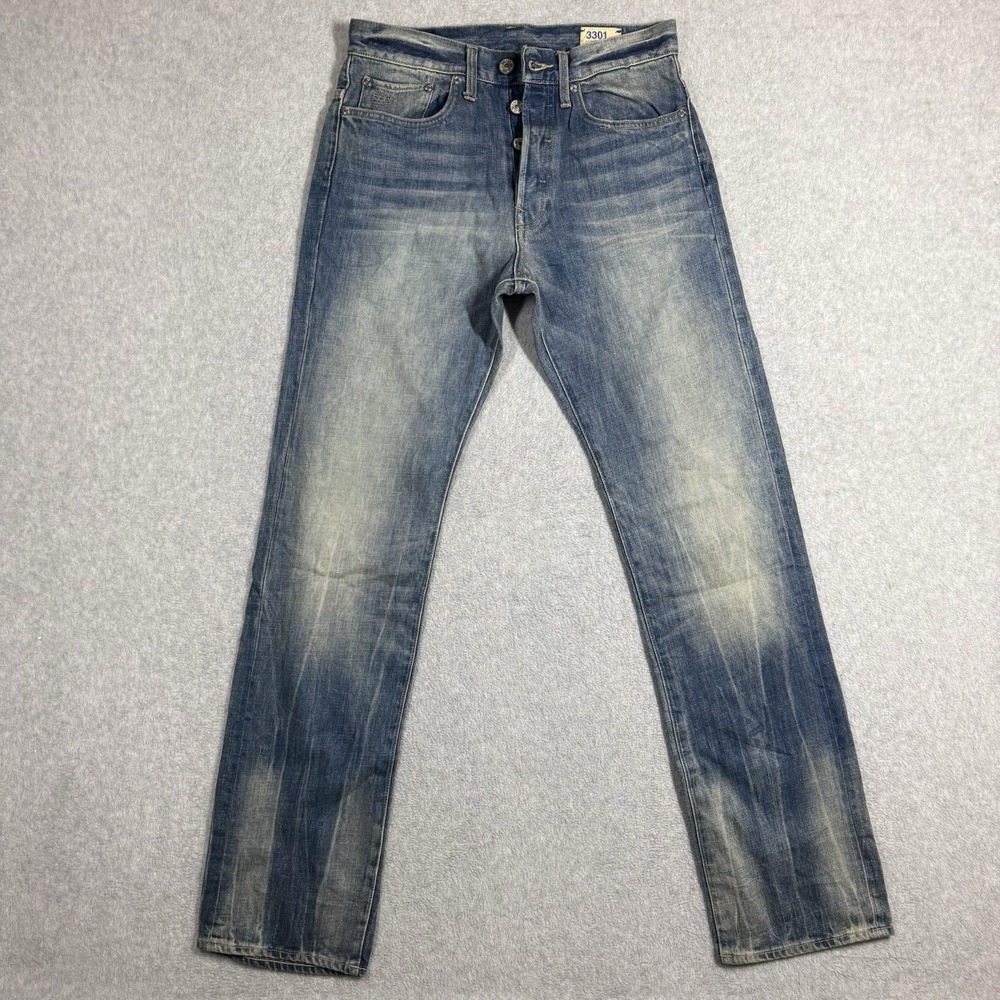 G Star RAW Jeans Men 30x34 Blue 3301 Straight Leg CRAZY WASH Button Fly Denim